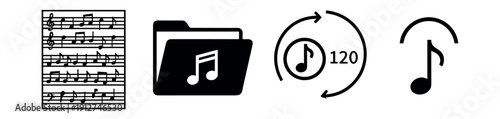 Music icons set - Sheet music, folder, metronome, upside-down note
