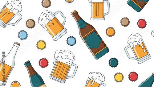 Seamless style pattern with various beer bottles glasses filled with foam and colorful bottle caps on a white background.