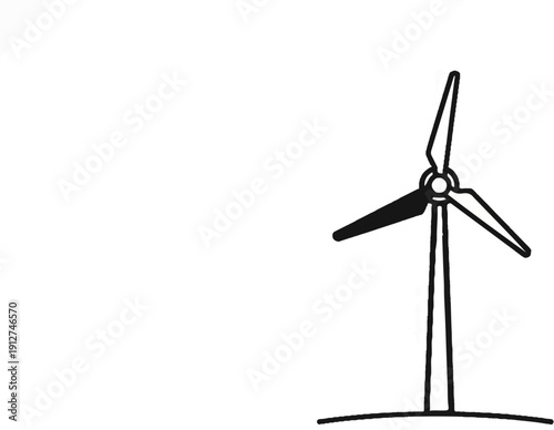 A simple black and white drawing of a wind turbine on a curved ground line