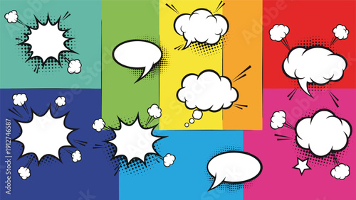 Collection of empty comic book speech and thought bubbles with halftone patterns on vibrant multicolored backgrounds.