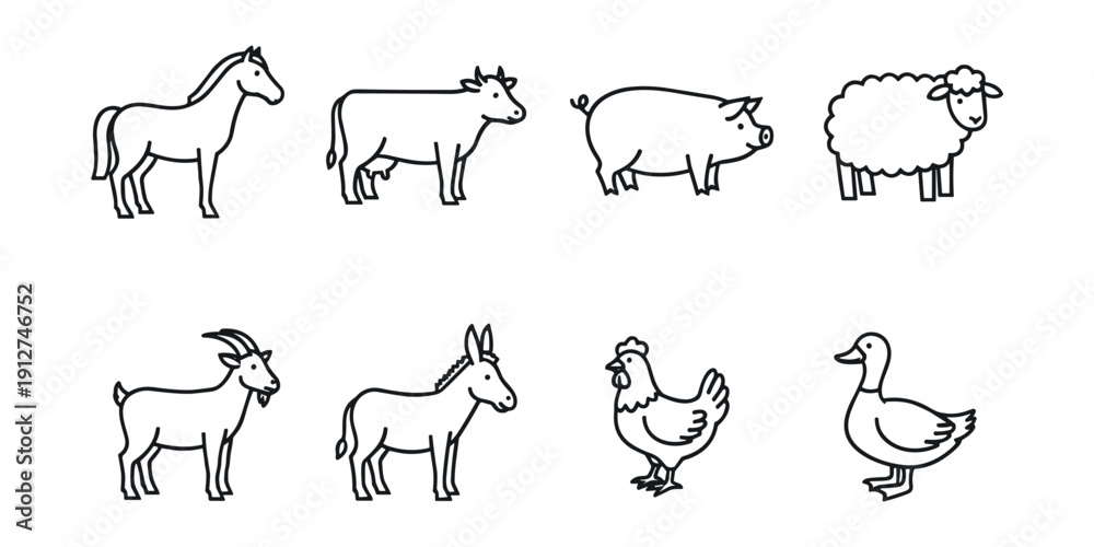 Obraz premium Farm animals line icons set