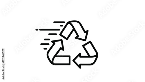 Simple black line icon of a recycling symbol with motion lines suggesting speed or efficiency on a white background.