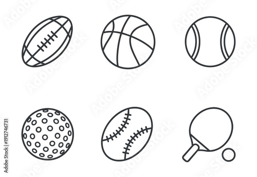 Sports equipment line drawings set
