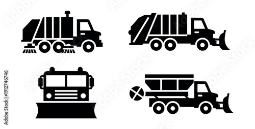 Municipal service vehicles silhouette icons set