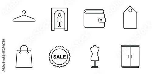 Clothing and shopping minimalist line icons set