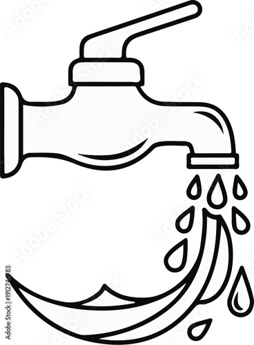 A line drawing shows a faucet with water droplets falling onto a curved surface