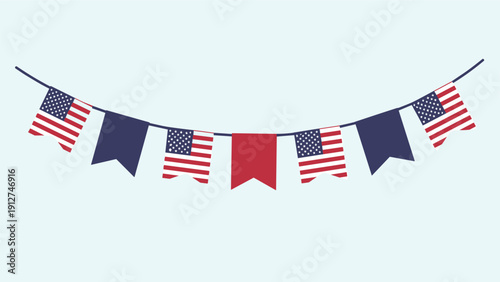 Patriotic bunting of hanging United States flags and solid red and blue flags for national holiday decorations.