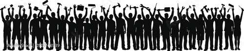 Worker silhouette, raised tools, diverse professions, labor unity, tradespeople celebration, vector illustration, black and white, solidarity scene, industrial teamwork, protest image