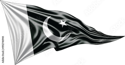 A monochrome pennant flag with a crescent and star, rippling in the wind