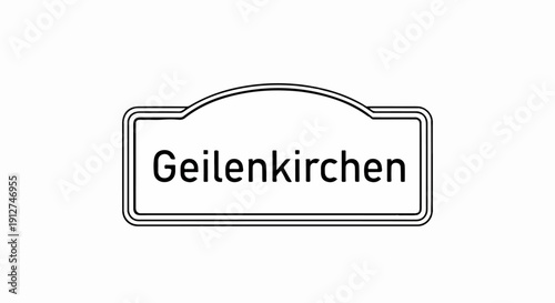 A monochrome sign with a curved top and text identifying a town