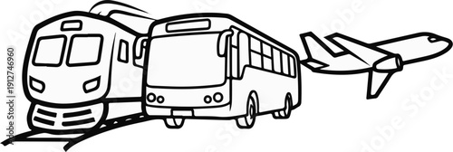 A simple line drawing shows a train, bus, and airplane in motion