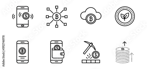 Cryptocurrency and Digital Finance Line Icons Set