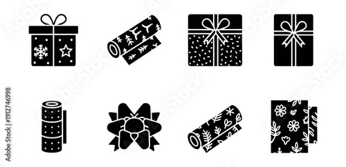 Gift wrapping and presents black and white icons set