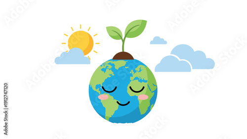 Happy cartoon earth with closed eyes and a small green seedling growing on its head symbolizes environmental awareness and nature.