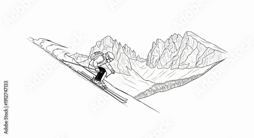 A skier descends a snowy mountain slope with jagged peaks behind