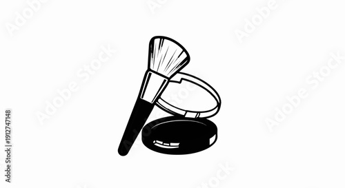 A simple black and white illustration of a makeup brush and compact powder