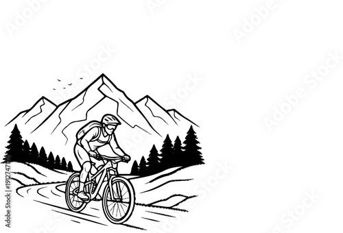 A person on a mountain bike rides down a winding path with trees and mountains