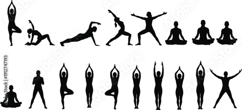 Yoga silhouette pose collection set, meditation stretching fitness training bundle, healthy lifestyle balance flexibility people exercise illustration concept design