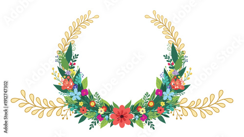 Symmetrical floral wreath featuring a variety of colorful flowers and green leaves with golden laurel branches on both sides.