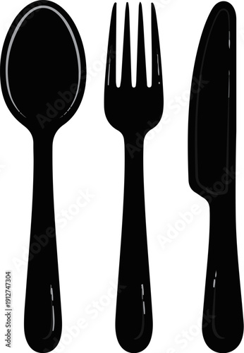 A simple black silhouette of a spoon, fork, and knife arranged vertically