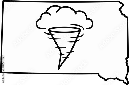 A simple outline of a tornado within the geographical shape of South Dakota