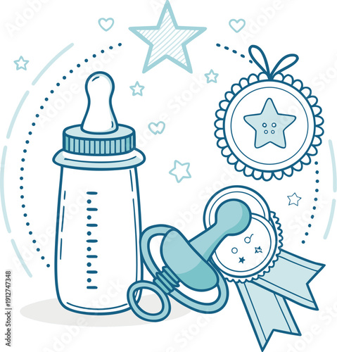 baby-shower---baby-bottle--pacifier--and-ribbon.eps