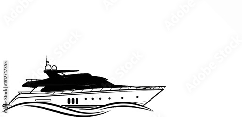 A sleek, black and white illustration of a luxury yacht sailing on stylized waves