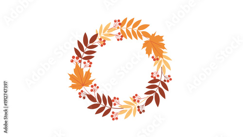 Seasonal autumn wreath composed of various colorful fall leaves and red berries arranged in a circular shape for home decoration.