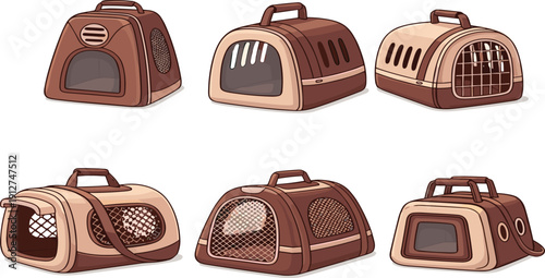 Pet carrier bags collection with portable animal transport boxes cute veterinary travel vector illustration set isolated