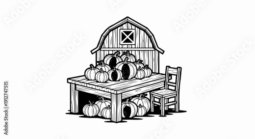 A rustic barn scene displays a bountiful harvest of pumpkins on a wooden table