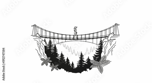 A person walks on a suspension bridge over a forest with cliffs