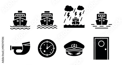 Nautical-themed black and white icon set