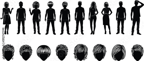 Young People Full Body Silhouettes and Set of Hairstyle Vectors, Modern Haircuts for Men and Women, Isolated on White Background for Fashion and Identity Design.