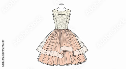 A sleeveless, knee-length dress with a floral bodice and a flared, layered skirt