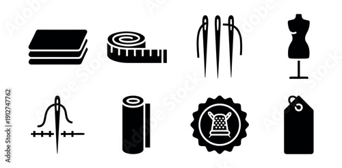 Sewing and tailoring silhouette icons set