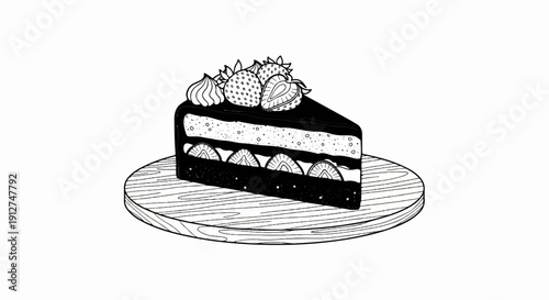 A slice of layered cake with fresh strawberries and whipped cream