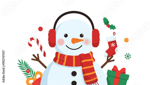 Friendly snowman wearing red earmuffs and a striped scarf surrounded by various christmas symbols like candy canes and gifts.