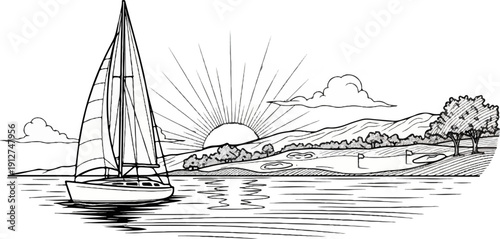 A sailboat glides on water beneath a radiant sun over a hilly landscape