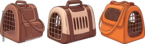 Pet travel carrier bags collection with portable animal transport boxes modern cute vector illustration set