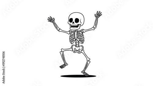 Whimsical line art illustration of a happy skeleton dancing with its arms and legs raised in a fun and festive manner on white.