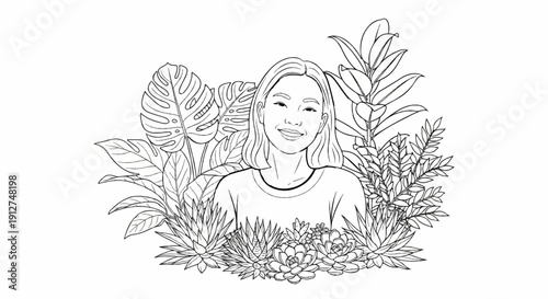 A smiling person portrait surrounded by lush greenery and various succulent plants