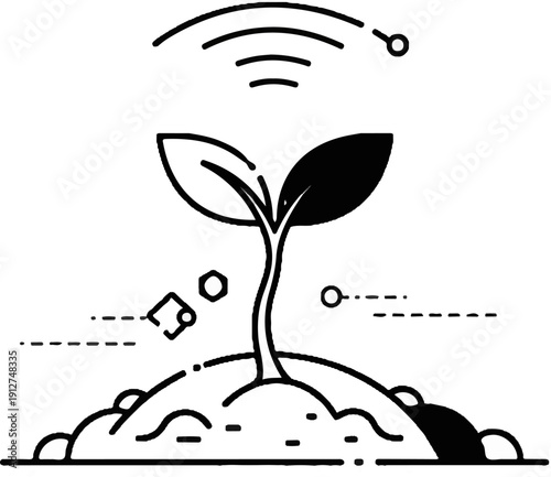 A sapling sprouts from a mound, connected by signals