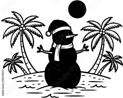 A snowman in a hat and scarf on a beach with palm trees