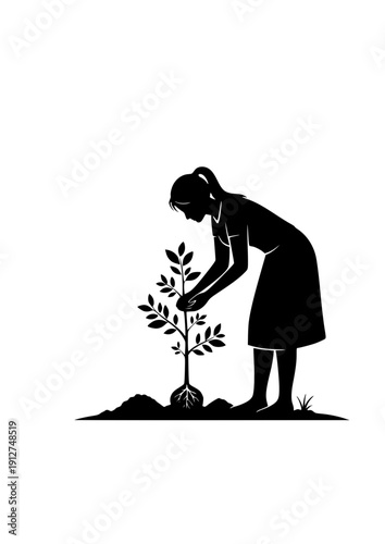 Woman planting tree seedling silhouette eco friendly nature conservation black vector illustration
