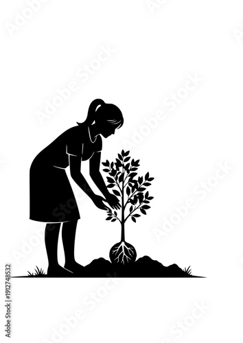 Woman planting tree seedling silhouette eco friendly nature conservation black vector illustration