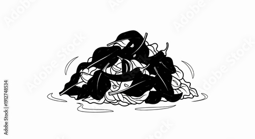 A pile of dark leafy greens with wavy lines indicating movement