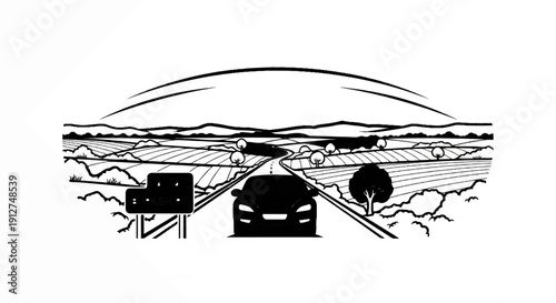 A solitary car drives down a country road through rolling fields under a curved sky