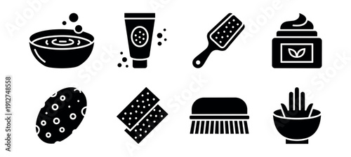 Skincare and personal hygiene tools icons set