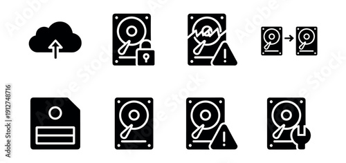 Data storage and management black and white icons set