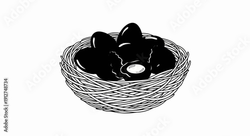 A nest woven from twigs holds several dark, glossy eggs, one cracked